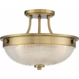 2 Bulb Semi Flush UpLight Prismatic Glass Dome Shade Weathered Brass LED E27 60W