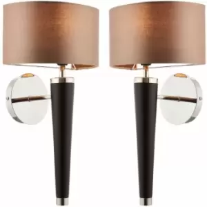 2 pack Dimmable LED Wall Light Walnut & Silver Effect Shade Wooden Lamp Fitting