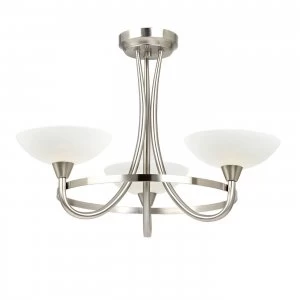 3 Light Semi Flush Multi Arm Ceiling Light Satin Chrome, White Painted Glass with Faint Line Pattern, G9