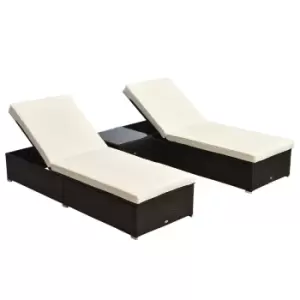 Outsunny 3 Pieces Sun Lounger Rattan Furniture Recliner Wicker Brown Garden