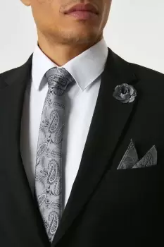 Slate Grey Wedding Paisley Tie Set With Lapel Pin