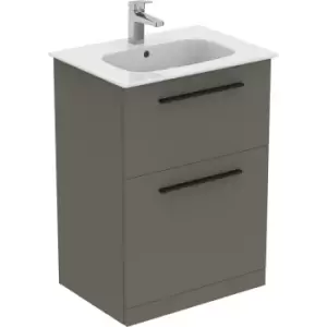 Ideal Standard i. life A Double Drawer Floor Standing Unit with Basin Matt 600mm with Matt Black Handles in Quartz Grey