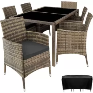 Rattan garden furniture set 6+1 with protective cover - garden tables and chairs, garden furniture set, outdoor table and chairs - nature/dark grey