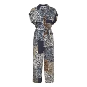 Yumi Navy Patchwork Animal Print Jumpsuit - Blue