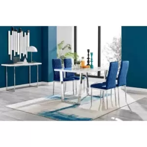 Furniture Box Kylo White High Gloss Dining Table and 4 Navy Velvet Milan Chairs