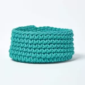 Homescapes - Teal Green Cotton Knitted Round Storage Basket, 37 x 21cm - Teal Green