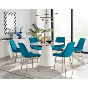 Furniture Box Palma White Marble Effect Round Dining Table and 6 Blue Pesaro Gold Leg Chairs