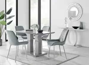 Imperia Grey High Gloss 4 Seater Dining Table with Structural 2 Plinth Column Legs 4 Soft Velvet Silver Leg Pesaro Chairs