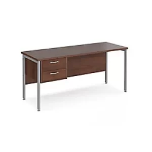 Rectangular Straight Desk Walnut Wood H-Frame Legs Silver Maestro 25 1600 x 600 x 725mm 2 Drawer Pedestal