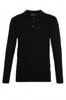 Mens French Connection Textured Knit Long Sleeved Polo Shirt Black