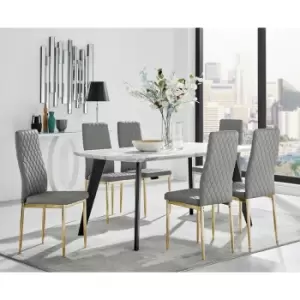 Furniturebox UK - Andria Black Leg Marble Effect Dining Table and 6 Grey Gold Leg Milan Chairs - Elephant Grey