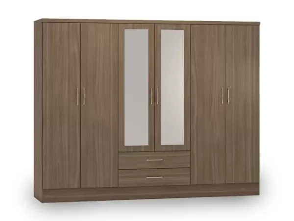 Seconique Nevada Rustic Oak 6 Door 2 Drawer Mirrored Wardrobe