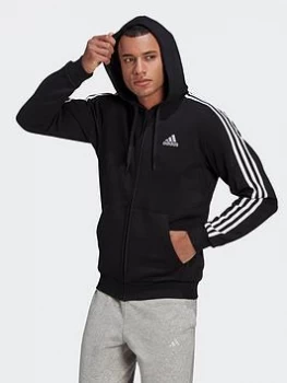 adidas 3-stripe Fleece Full Zip Hoodie - Black, Size L, Men