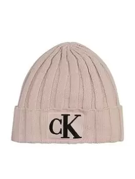 Calvin Klein Jeans Girls Monogram Rib Beanie - Pale Rose, Pale Rose, Size S-M