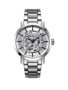 Rotary Rotary Greenwich Silver And Blue Detail Skeleton Auntomatic Dial Stainless Steel Bracelet Mens Watch