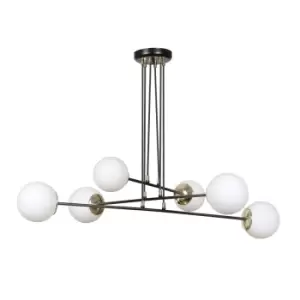 Ognis Black Globe Multi Arm Pendant Ceiling Light with White Glass Shades, 6x E27