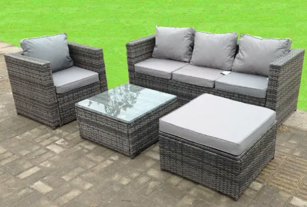 Fimous 4 Seater Outdoor Dark Mixed Grey Rattan Lounge Complete Sofa Set with Big Footstool