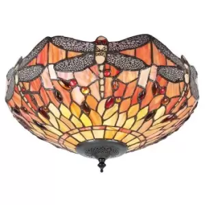 Interiors Dragonfly Flame - 2 Light Medium Ceiling Flush Light Dark Bronze, Yellow, Tiffany Style Glass, E27