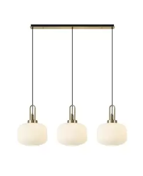 Linear 3 Light Pendant E27, Brass Gold, Matt Black With 30cm Round Ribbed Opal Glass