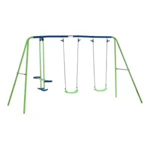 Outsunny Metal Swings & Seesaw Set Double Seats with a Height Adjustable Children Outdoor Backyard Play Set for Toddlers Over 3 Years Old, Green