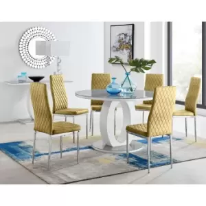 Furniturebox UK - Furniturebox Giovani Grey 120cm Round Dining Table and 6 Mustard Velvet Milan Dining Chairs With Silver Legs