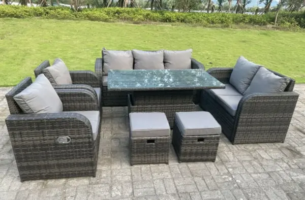 Fimous 7 Seater Outdoor Dark Grey PE Wicker Rattan Lounge Complete Sofa Set with Adjustable Table and 2 Stools