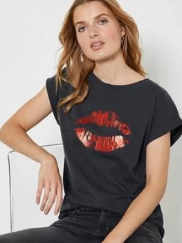 Mint Velvet Lips Print T-Shirt - Grey