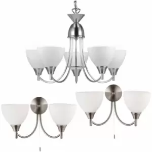 5 Lamp Ceiling & 2x Twin Wall Light Pack Satin Chrome Glass Matching Fittings