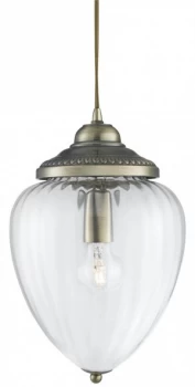 1 Light Pendant Antique Brass Ribbed Glass Shade, E27