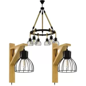 6 Bulb Ceiling Pendant & 2x Matching Wall Lights Black & Rope Trendy Chandelier