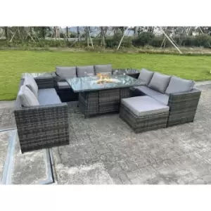 Fimous 9 Seater Outdoor Dark Grey Rattan Lounge Complete Sofa Set with Gas Fire Pit Table, Heater and Big Footstool