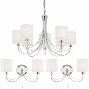 7 Bulb Ceiling Pendant Lamp & 2x Matching Twin Wall Light Chrome & White Shade