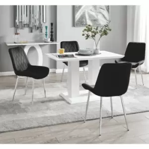 Furniturebox UK - Furniturebox Imperia 4 High Gloss White Modern Dining Table And 4 Black Pesaro Velvet Dining Chairs With Silver Legs Diamond