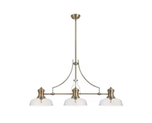 3 Light Telescopic Ceiling Pendant E27 With 30cm Flat Round Glass Shade, Antique Brass, Clear