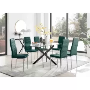 Furniture Box Leonardo Black Leg Glass Dining Table and 6 Green Velvet Milan Chairs