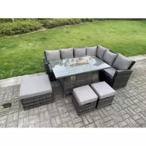 Fimous 6 Seater Outdoor Dark Grey Rattan Lounge Complete Sofa Set Right Side with Gas Fire Pit, 2 Stools and Big Footstool