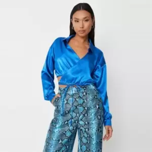 Missguided Tall Wrap Around Satin Shirt - Blue