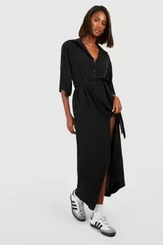 Hammered Half Sleeve Belted Midaxi Shirt Dress