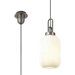 Luminosa 1 Light Pendant E27 20cm Tubular Ribbed Glass, Opal Antique Silver, Black