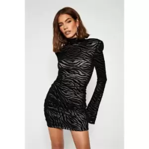 I Saw It First Flock Mesh Zebra High Neck Shoulder Pad Long Sleeve Bodycon Dress - Black