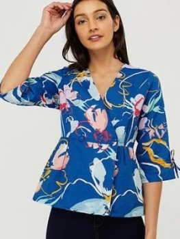 Monsoon Fleur Print Organic Cotton Linen Blouse - Blue