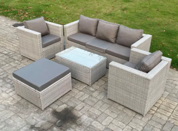 Fimous 5 Seater Outdoor Light Grey PE Rattan Lounge Complete Sofa Set with Oblong Coffee Table and Big Footstool