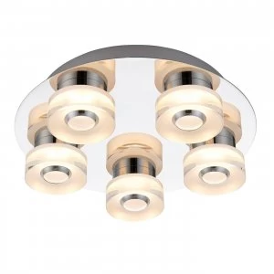 5 Light Bathroom Flush Ceiling Light Chrome, Frosted Acrylic IP44