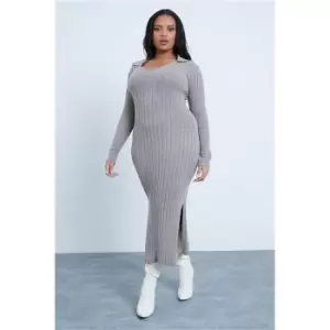 I Saw It First Camel Plus Size Knitted Open Collar Side Split Midaxi Dress - Brown