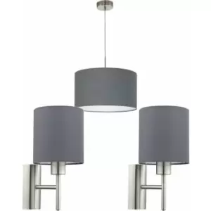 Ceiling Pendant Light & 2x Matching Wall Lights Satin Nickel Grey Fabric Shade