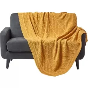 Mustard Diamond Cable Knit Cotton Throw, 150 x 200cm - Yellow - Homescapes