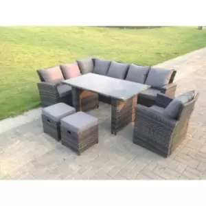 Fimous 7 Seater Outdoor Dark Grey Rattan Lounge Complete Sofa Set with Black Tempered Dining Table and 2 Stools