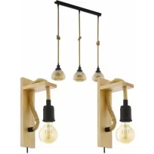 Linear Ceiling Pendant & 2x Matching Wall Lights Black Rope & Amber Glass Shade