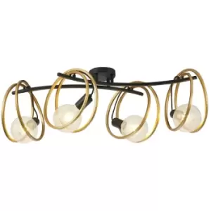 Luminosa Wales Double Ring Ceiling Lamp Flush, 4 Light E27, Matt Black, Painted Gold