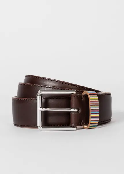 Paul Smith Dark Brown Leather Belt With 'Signature Stripe' Keeper